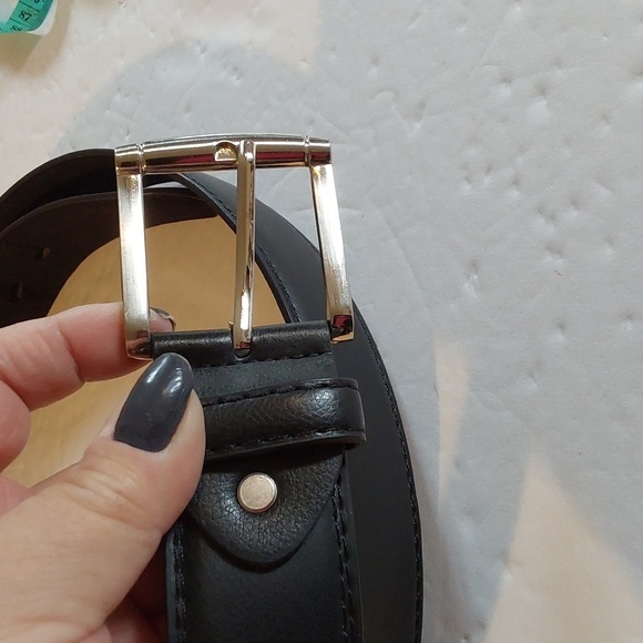 MENS Black Premium leather Neutral Minimalist Belt Silver tone Buckle Sz.2X - Picture 2 of 6